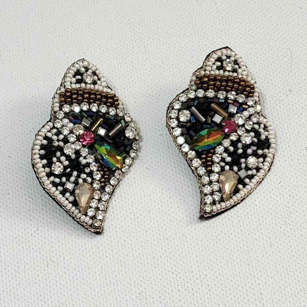 Handmade Beaded Seashell Stud Earrings Nautical Rhinestone Crystal Beachy Large